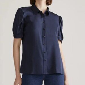 Quince Navy Blue Washable Silk Puff Short Sleeve Button Front Blouse S